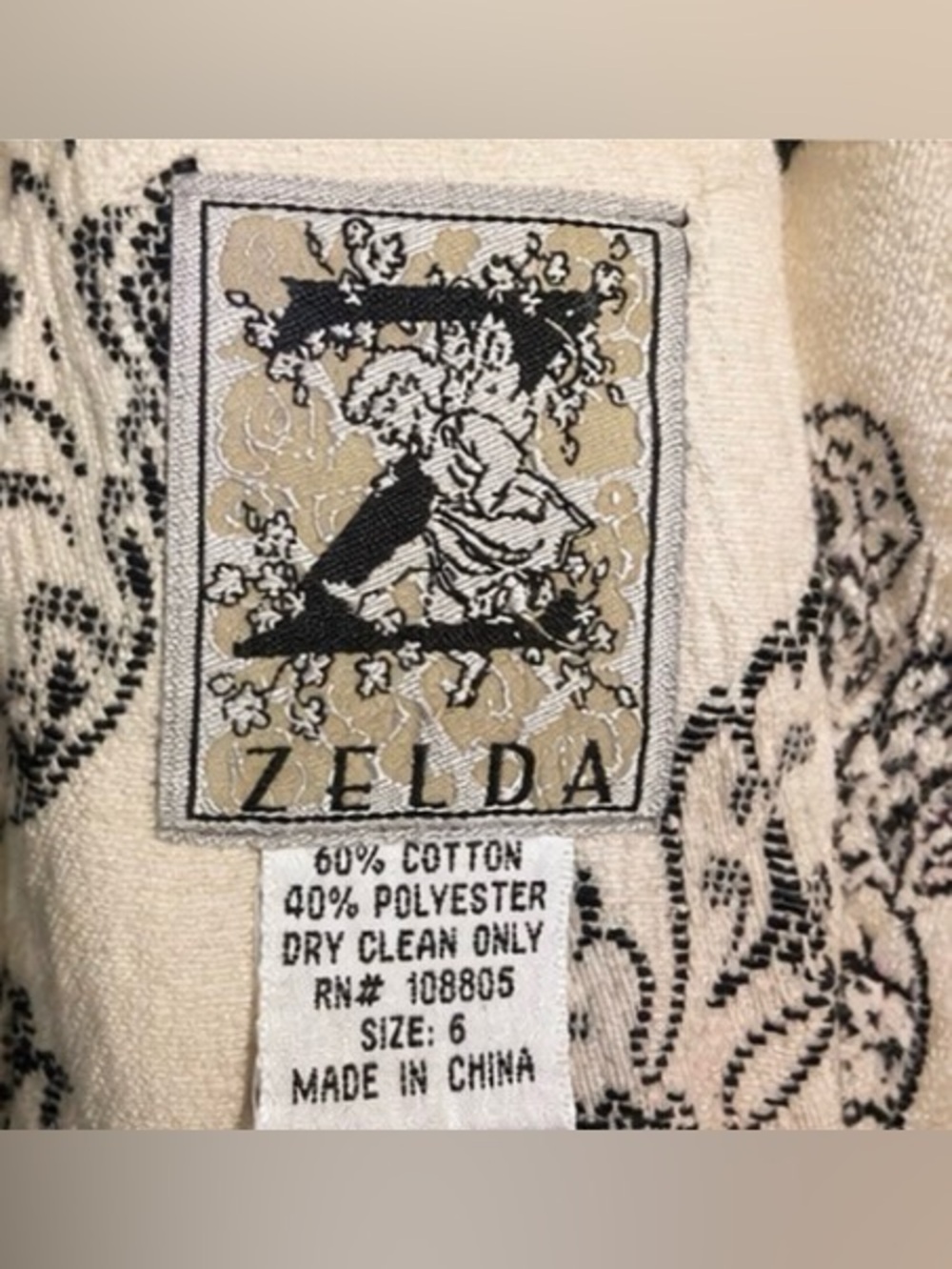 [Zelda] Vintage Black & White Floral Lined Blazer Sz 6 Tailored Statement Jacket - Picture 10 of 12